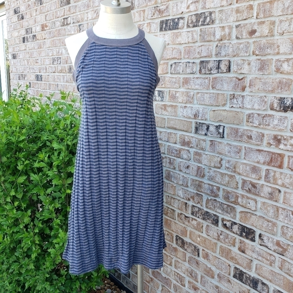 Three Dots Pleated Halter Casual Dress Blue/Gray S